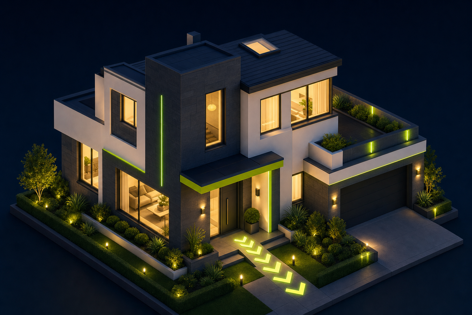 A completed modern home lit at dusk with a lit pathway to the door