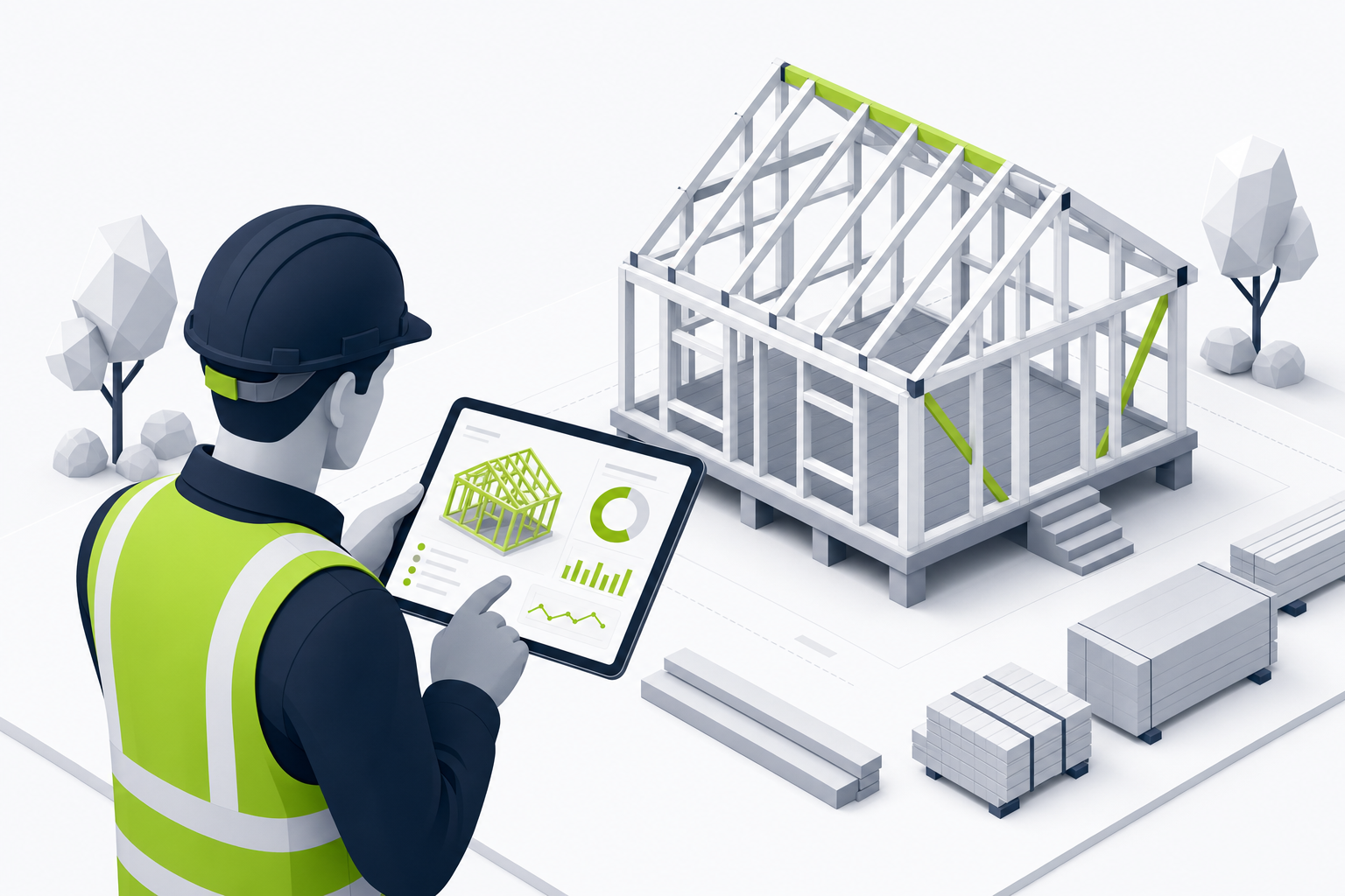 Builder reviewing a project dashboard on a tablet beside a timber house frame
