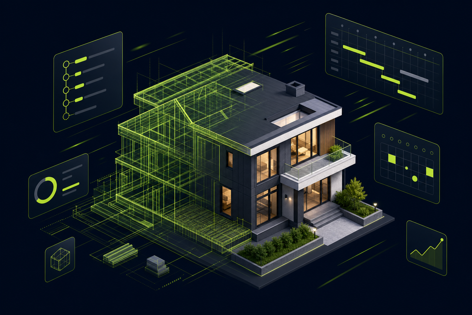 Isometric illustration of a home under construction with live project dashboards